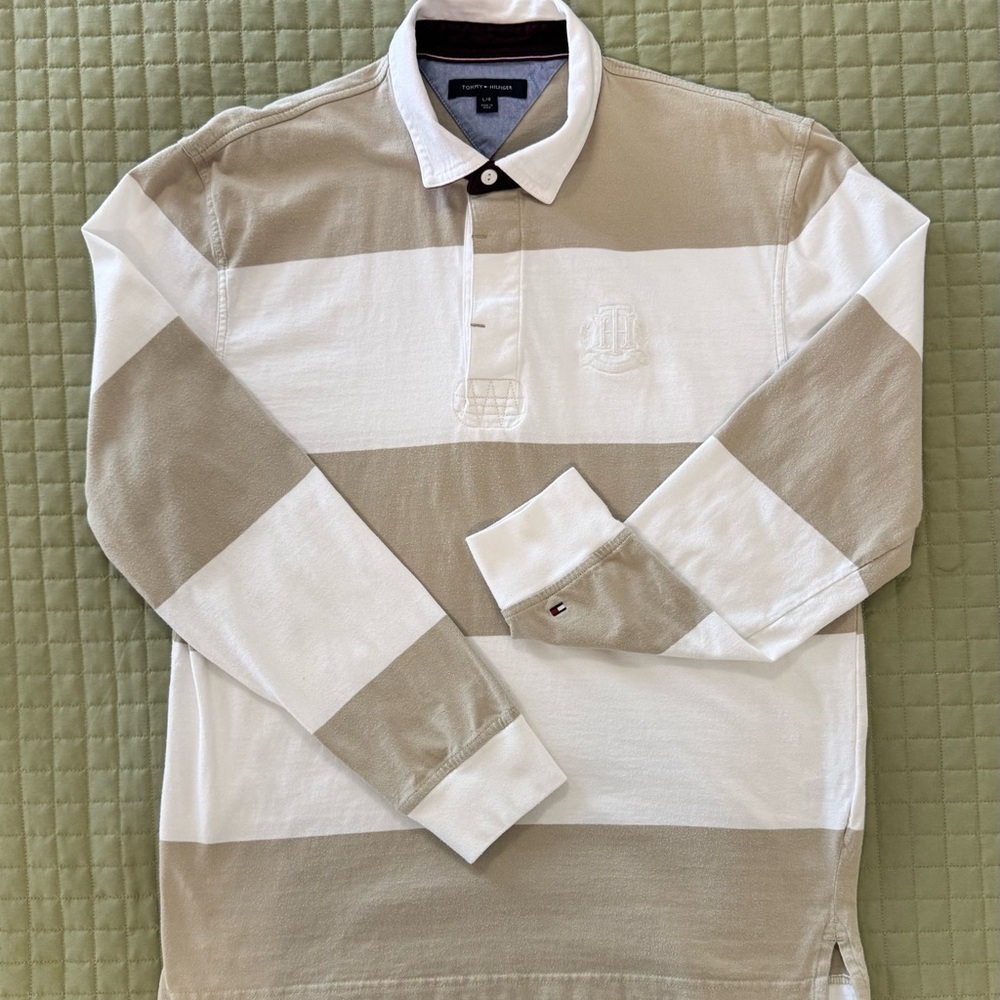 Tommy Hilfiger Beige and White Striped Button Down Shirt